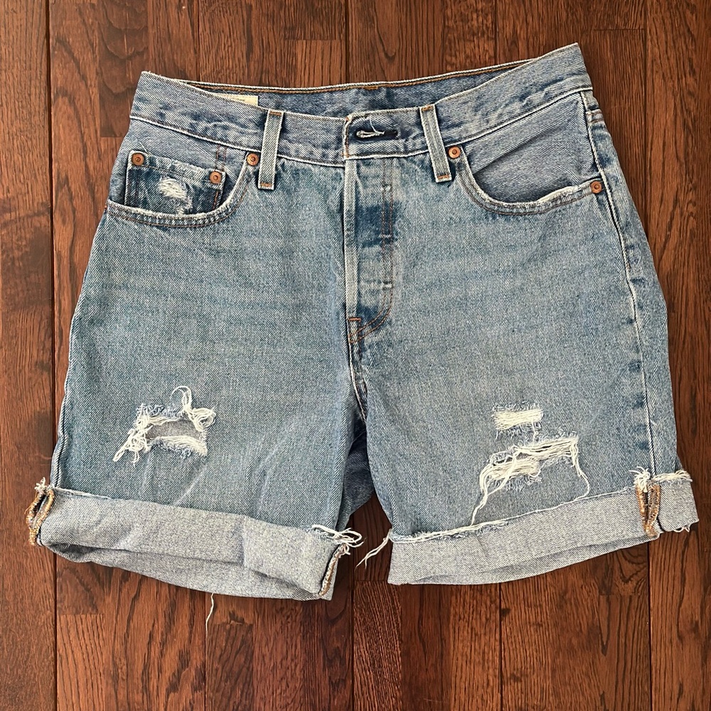Levi's Light Blue Distressed Cuffed Denim Shorts